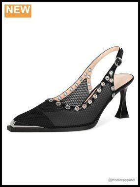 Women's Mesh Slingback Pumps Square Toe Buckle 3 Inch Flared Heel
